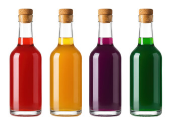 Isolated set of glass bottles with colorful liquids red orange purple and green tints