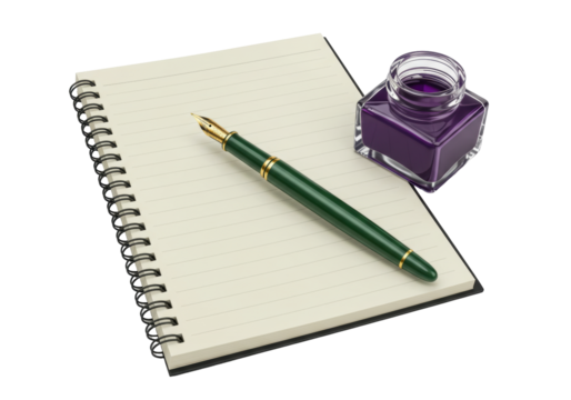 Isolated fountain pen and purple inkwell resting on a lined notebook for writing notes