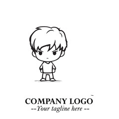 Black and White Chibi Boy Illustration with Jacket and Boots in Bold Thick Line Art Minimal Style
