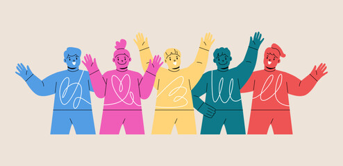 Boys and girls greeting, waving with hand, hi gesture. Colorful vector illustration
