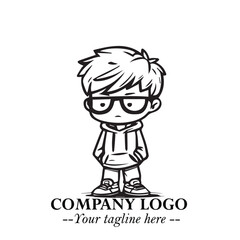 Black and White Chibi Boy Illustration with Jacket and Boots in Bold Thick Line Art Minimal Style
