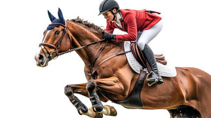 Equestrian athlete riding a horse jumping in a show competition with skill and grace