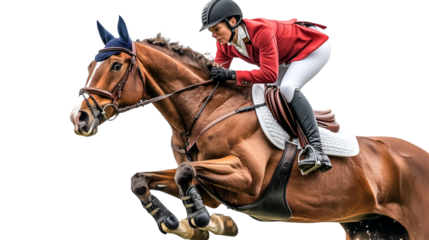 Equestrian athlete riding a horse jumping in a show competition with skill and grace