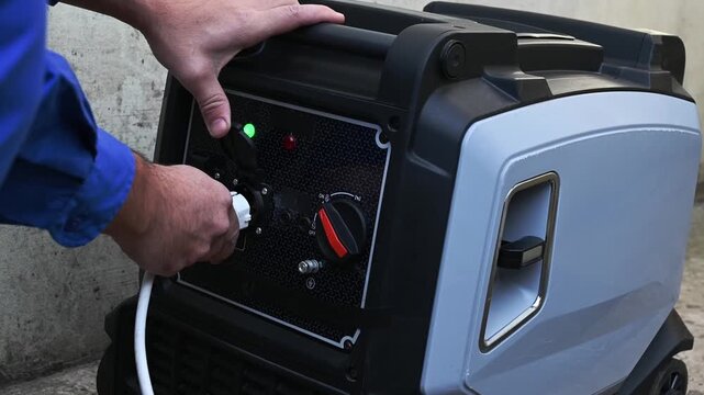 A man in overalls starts a gasoline generator, close-up of his hand, and plugs the plug into a power outlet.
