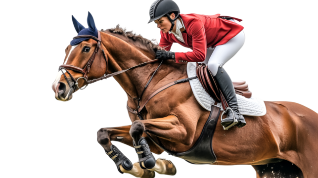 Equestrian athlete riding a horse jumping in a show competition with skill and grace - Powered by Adobe