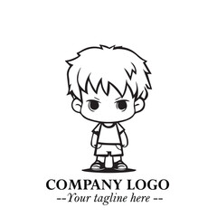 Black and White Chibi Boy Illustration with Jacket and Boots in Bold Thick Line Art Minimal Style
