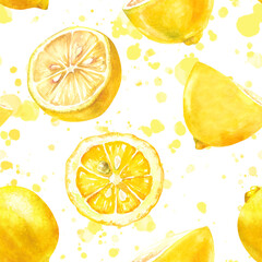 lemons Ripe fresh juicy fruits with slices hand drawn watercolor illustration isolated on white with splashes and brush strokes. Citrus yellow seamless pattern for design, textile, wallpaper, print