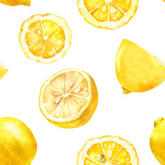 Ripe fresh juicy lemon fruits with slices hand drawn watercolor illustration isolated on white. Citrus yellow seamless pattern for food, harvest, garden design, textile, fabric, wallpaper, prints