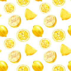 lemons Ripe fresh juicy fruits with slices hand drawn watercolor illustration isolated on white. Citrus yellow seamless pattern for food, harvest, garden design, textile, wallpaper, prints, wrapping