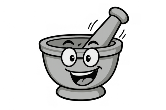 Mortar and pestle cartoon character smiling and grinding, happy kitchenware mascot showing pharmaceutical or culinary blend