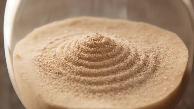 Fine sand grains descending into glass vessel on table forming conical mound with rings under flow