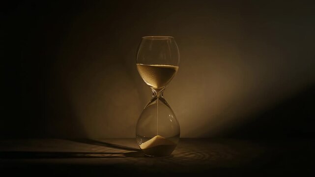 Trickling glass hourglass pouring sand on flat table under warm spotlight, marking passage of time