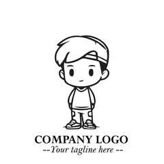 Black and White Chibi Boy Illustration with Jacket and Boots in Bold Thick Line Art Minimal Style
