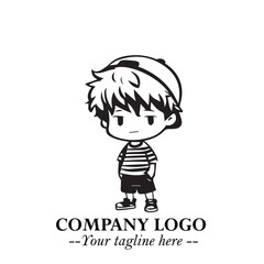 Black and White Chibi Boy Illustration with Jacket and Boots in Bold Thick Line Art Minimal Style
