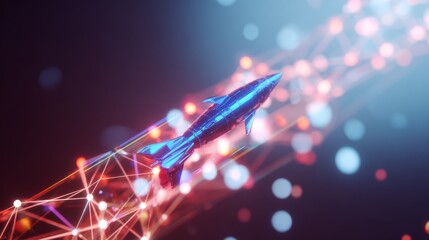 Advanced metallic missile with enhanced aerodynamic features. Ai dataflow. High-speed missile design in gleaming metallic sheen. Cyber grid. Technological mesh.