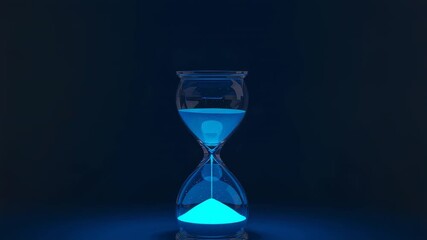 Transparent hourglass streaming glowing blue sand in studio at start, marking time passage - Powered by Adobe