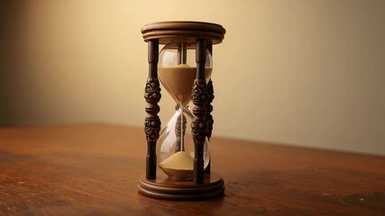 When playback begins, glass hourglass trickling tan sand grains on wooden tabletop showing time - Powered by Adobe