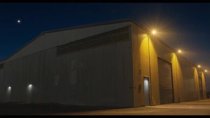 Starting camera recording warehouse under starry sky, with floodlights illuminating roll-up door - Powered by Adobe