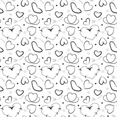 Energetic youthful seamless vector pattern of busy hand drawn doodle hearts and stars, creating a stylish monochrome digital paper ideal for teen stationery, textile or Valentine's Day crafts.
