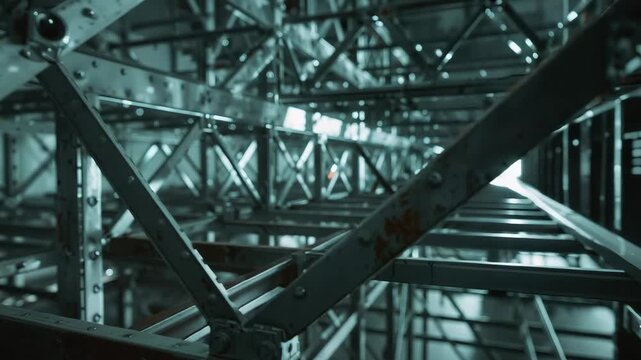 Starting camera gliding through riveted steel support beams in industrial facility, with lens flare