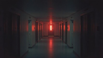 Camera recording office corridor toward red-lit EXIT sign window, reflecting polished floor - Powered by Adobe
