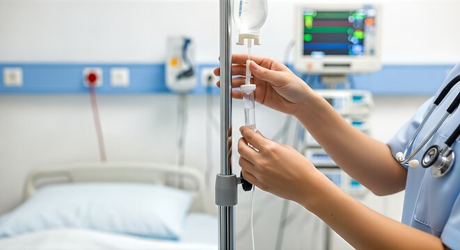 Nurse Adjusting IV Drip in Hospital Room.