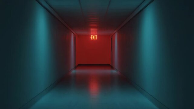 Flickering red exit sign casting reflections on glossy corridor floor, with teal accent lighting - Powered by Adobe