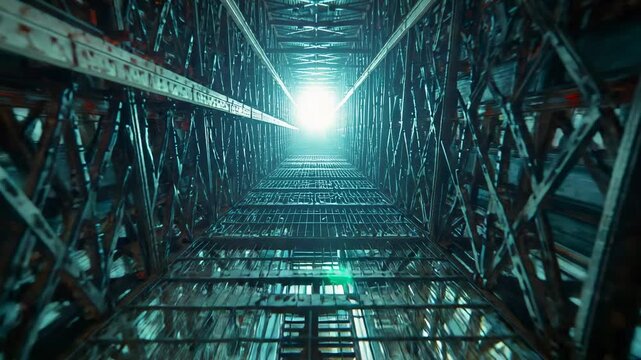 Camera tilting upward at building site revealing rusted scaffolding grid cross braces green flare