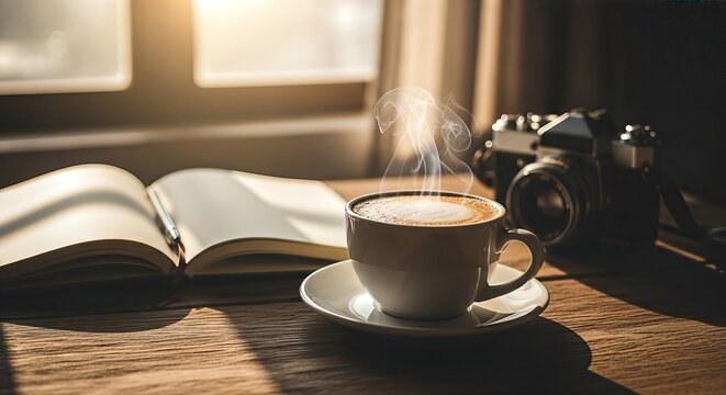 Steaming coffee cup and open book on a wooden table by a window.