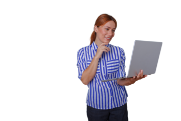 Woman holding laptop, smiling and thinking, engaging with technology, transparent background for business concepts