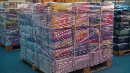 Settling camera revealing pallet stacked with colorful shrink-wrapped boxes on warehouse floor - Powered by Adobe