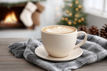 Warm coffee latte with art in a cozy white cup with soft gray blanket, festive fireplace and Christmas tree softly blurred in the background. Concept of happy holiday time at home