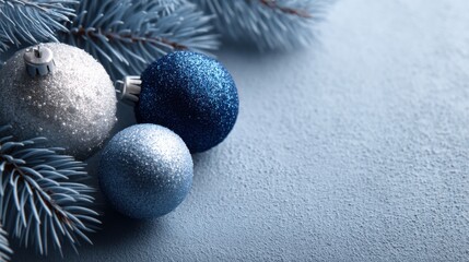 Sparkling Blue and Silver Christmas Ornaments on Frosted Surface