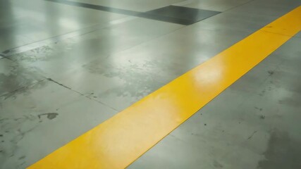 Pushing camera forward showing yellow stripe rising across garage floor with cracks and reflections - Powered by Adobe