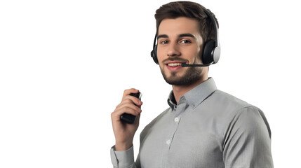 Friendly customer service agent wearing headset and holding microphone against
