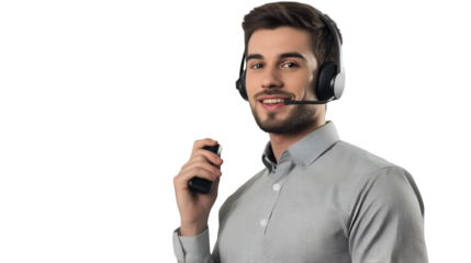 Friendly customer service agent wearing headset and holding microphone against