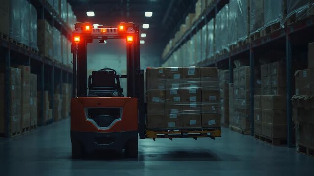 Electric forklift navigating warehouse aisle past shelving as operator aligning forks under pallet - Powered by Adobe