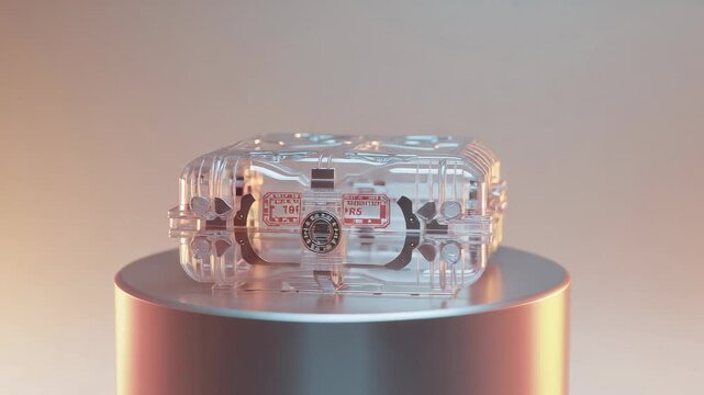 Focusing camera capturing front latch label in studio, with protective case rotating on pedestal