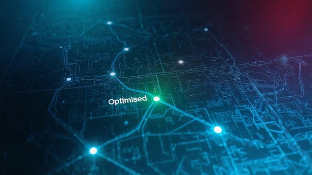 Pulsing green node driving zoom and glow extending in network grid, showing Optimised label