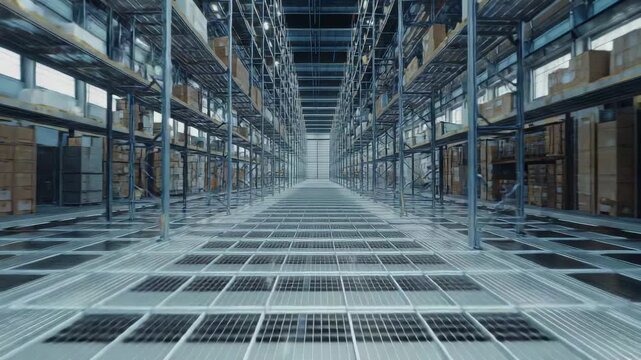 Starting grid overlay mapping warehouse aisle, dimming nodes and revealing grated floor and racks