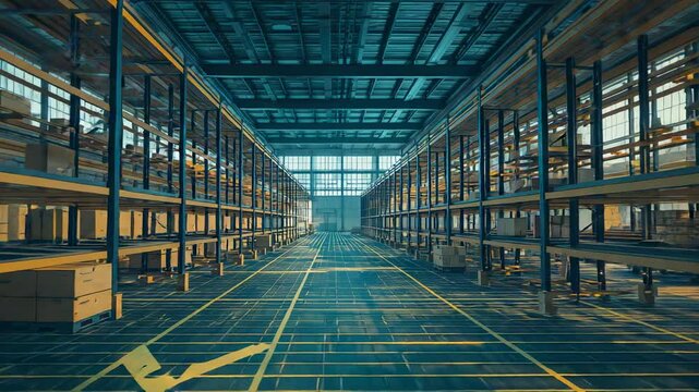 Beginning front-facing camera capturing storage aisle, with shelving racks windows and grid overlay