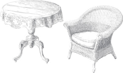 Elegant engraving-style vintage table and wicker chair in soft beige, warm ivory, charcoal, ideal for housewarming events.