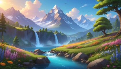 Vibrant mountain landscape with waterfalls and wildflowers 