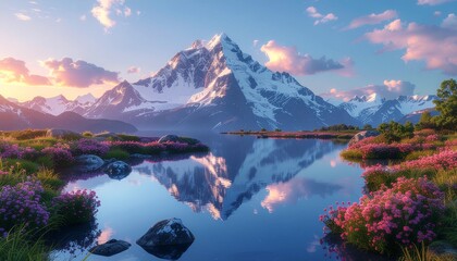 Snow capped mountain reflected in calm lake with pink flowers