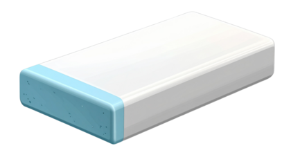 Rectangular white eraser with light blue paper sleeve, soft rubber texture, isolated on transparent background, PNG format.