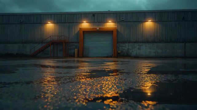 Rippling puddles reflecting amber lights on warehouse door with breeze shifting clouds, dusk calm