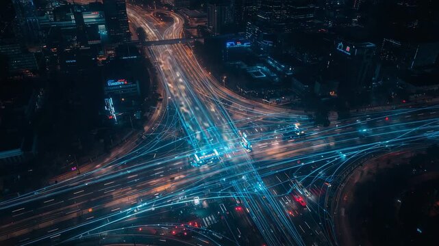Digital overlay materializing over highway junction at night, tracing vehicle paths mapping traffic