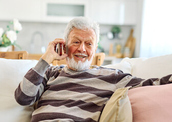 Portrait of a cheerful senior elderly man talking on phone at home