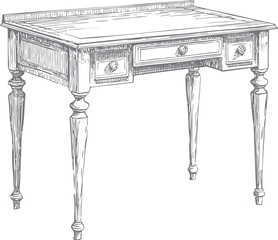 Elegant engraving-style vintage writing desk with ornate details in soft beige, warm ivory, charcoal, perfect for Teacher&rsquo;s Day, Christmas, and home office decor.