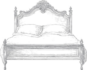 Vintage engraving of an ornate classic bed with pillows — elegant baroque line art style in black, gray, white tones.